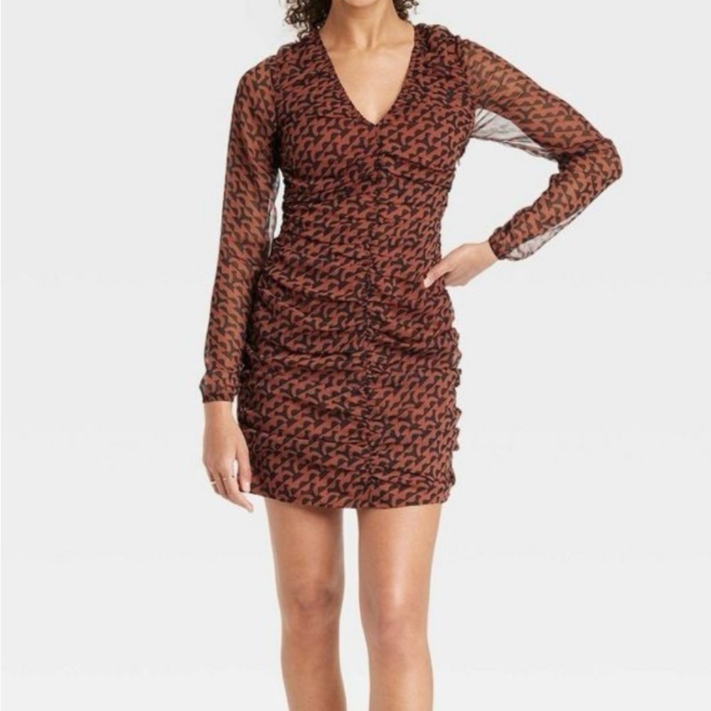NWT A New Day Women’s Sz Large Brown & Black Geo Print Ruched Lightweight Dress